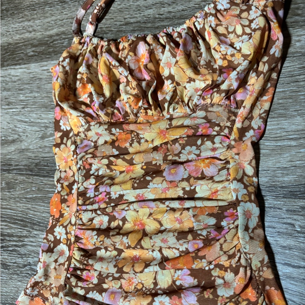 Floral Ruched Women's Blouse - Brown and Orange